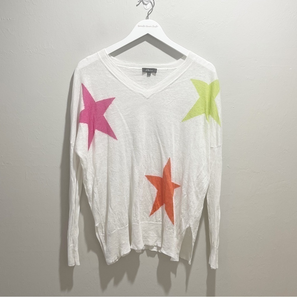 PURE AMICI Women’s V-Neck White Multi Intarsia Star Print Linen Sweater Size S
